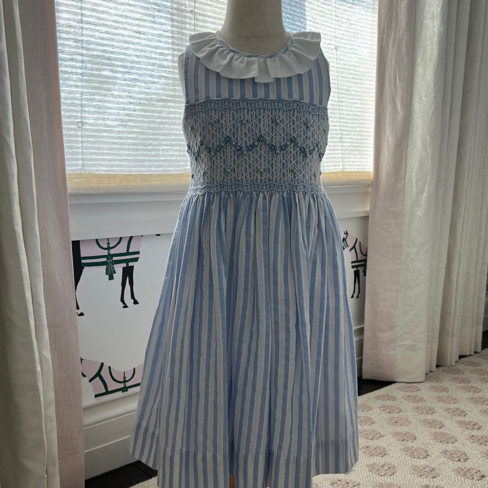 ANAVINI Blue and White Hand Smocked Striped Kids Dress